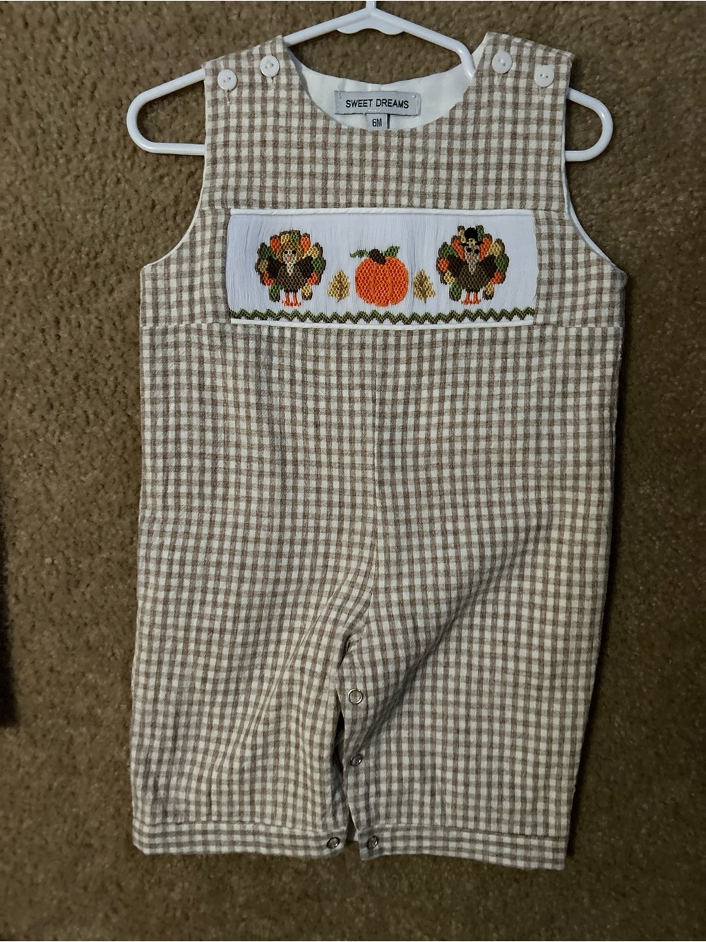 Sweet Dreams Beige Gingham Smocked Turkey Romper